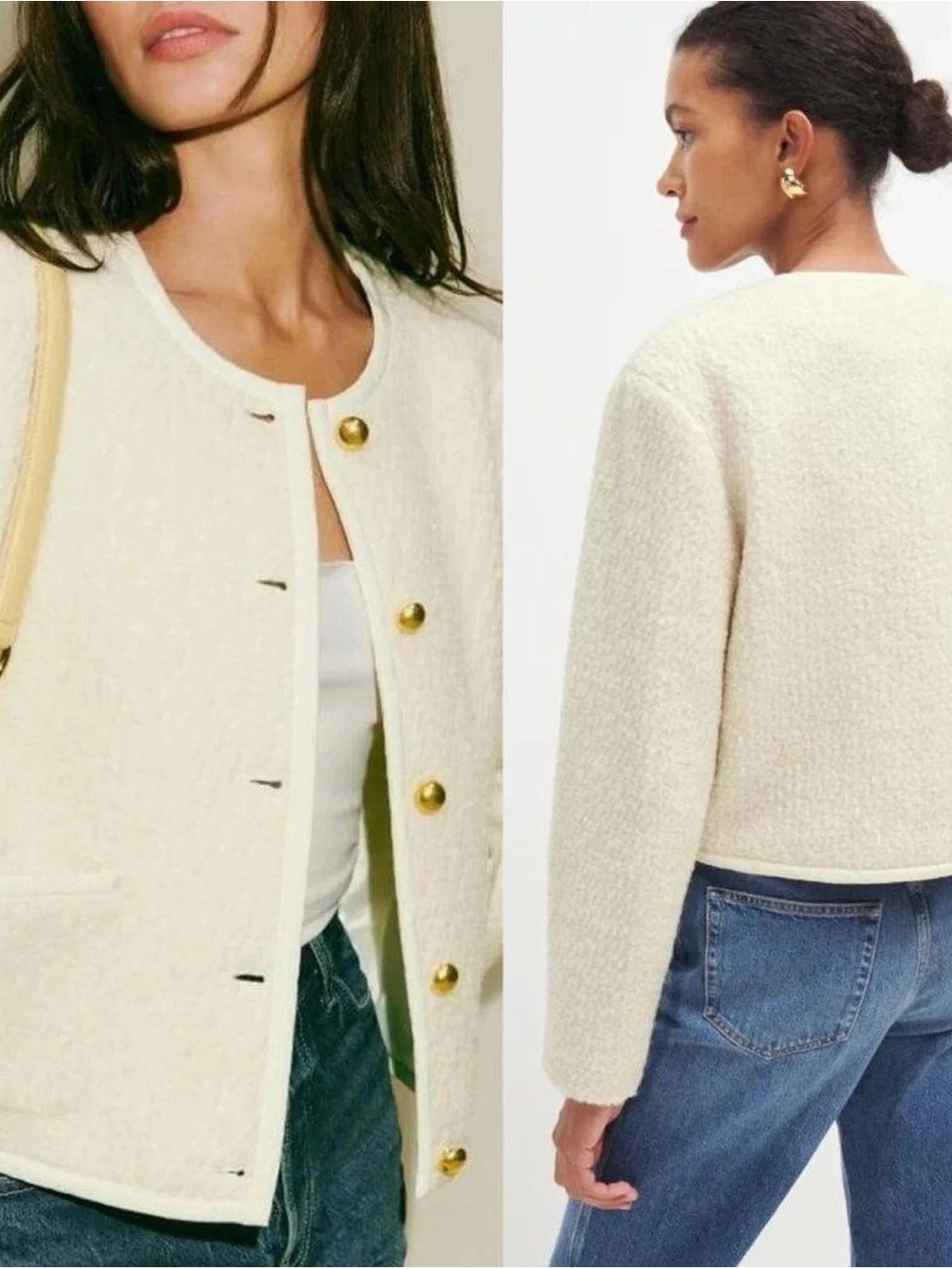 Reformation Cream Bouclé Jacket with Gold Buttons